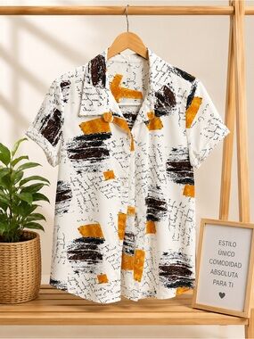 Women's Short Sleeve Abstract Print Shirt - White with Brown & Mustard Accents
